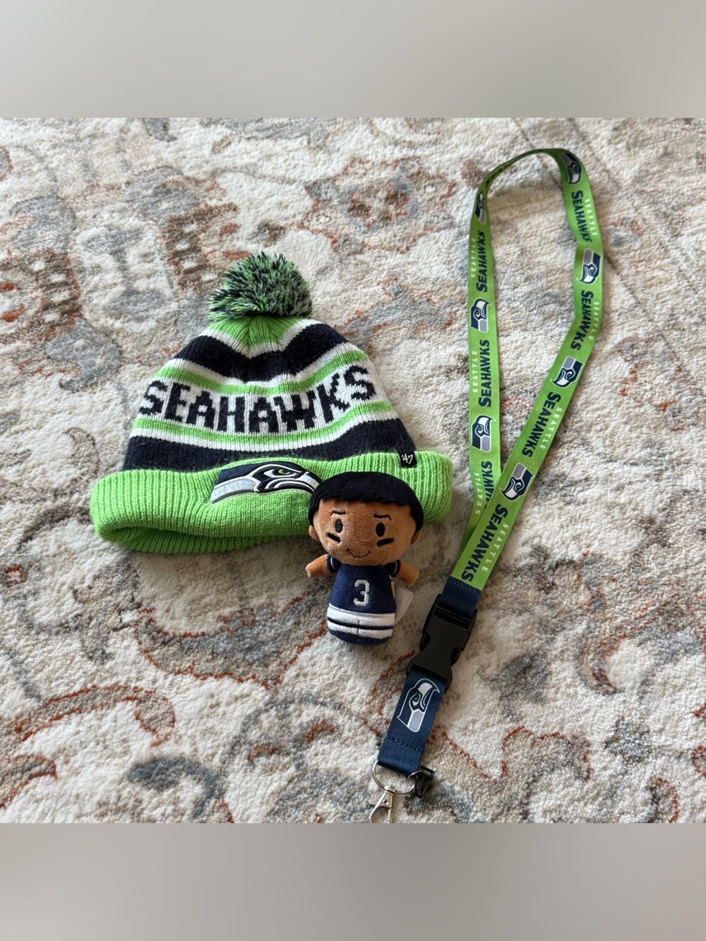 Kids Knit Pom Beanie with Plush Mascot and Lanyard -Seattle Seahawks